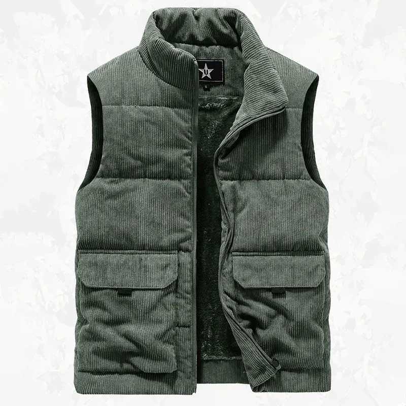 Men's Down Parkas 6XL Mens Winter Plus-size Corduroy Cargo Sleeveless Jacket Thick Warm Fleece Lining Multi-pocket Outdoor Hiking Safari Work Ves