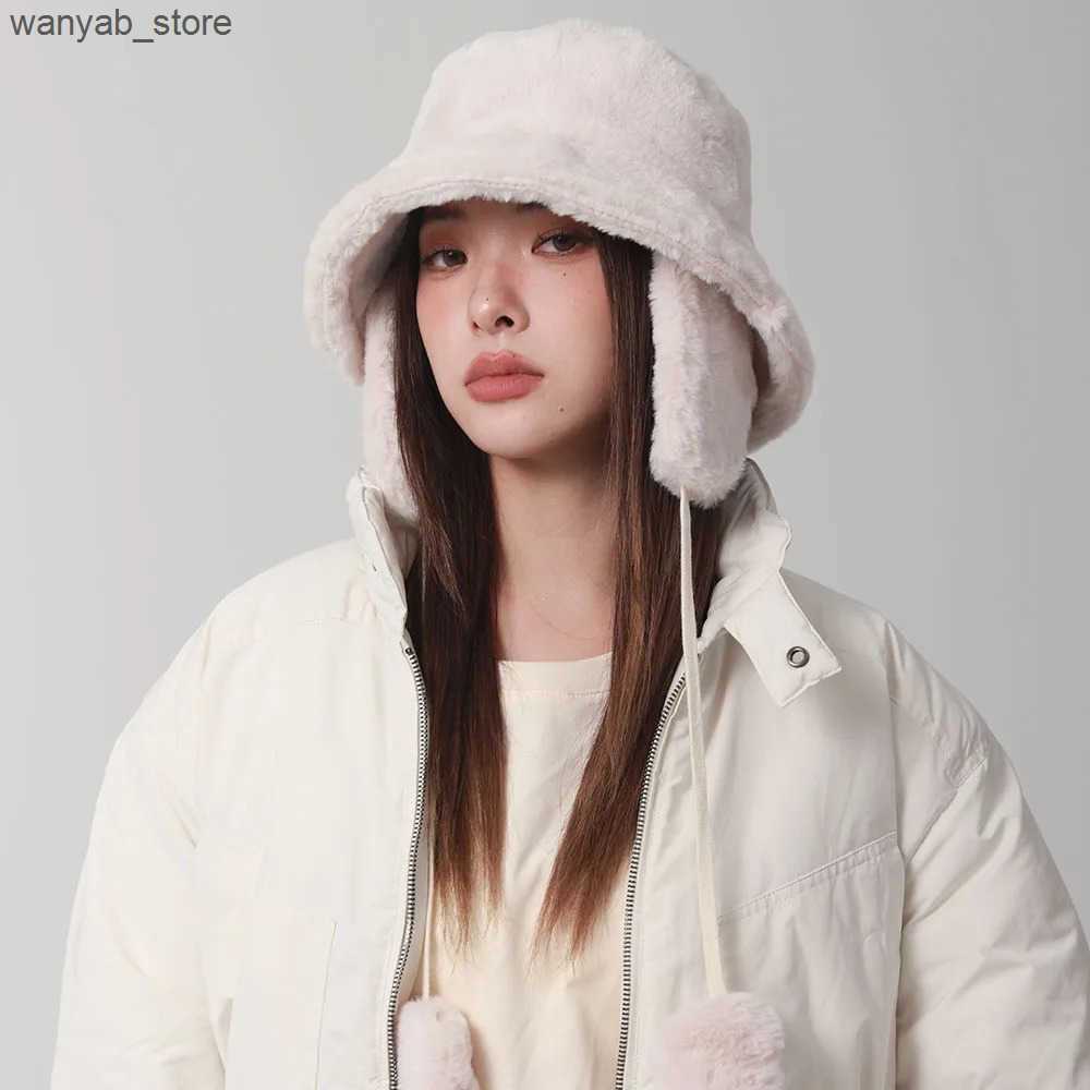 Wide Brim Hats Bucket Bomber Winter warm bucket hat hats for women Golf cap Hiking fur Barrel Cotton fabric Ear protection L240910 L0910