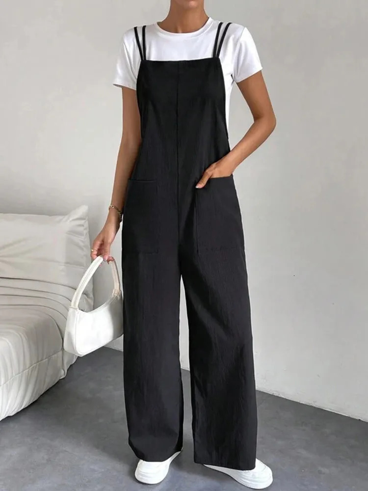 European and American Suspender Jumpsuit Womens 2024 Summer Fashion Casual Solid Long Wide Leg Women Overalls 241120