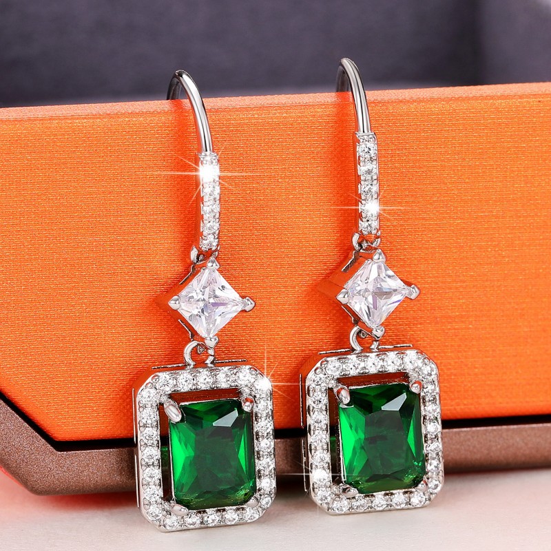 Radiant Emerald Green CZ Sterg Sier Dangle Earrings For Women 4