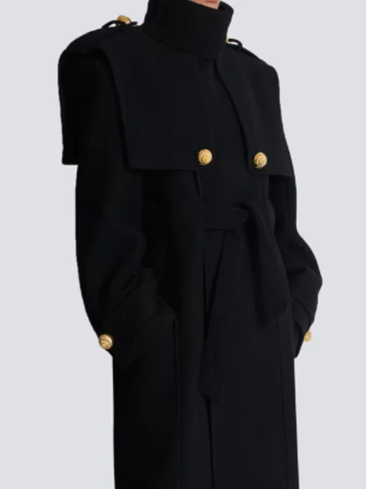 Elegant Black Woolen Blends Long Jackets With Lace Up Women High Waist Warm Coat Winter Female Fashion Street Office Outwear 241129