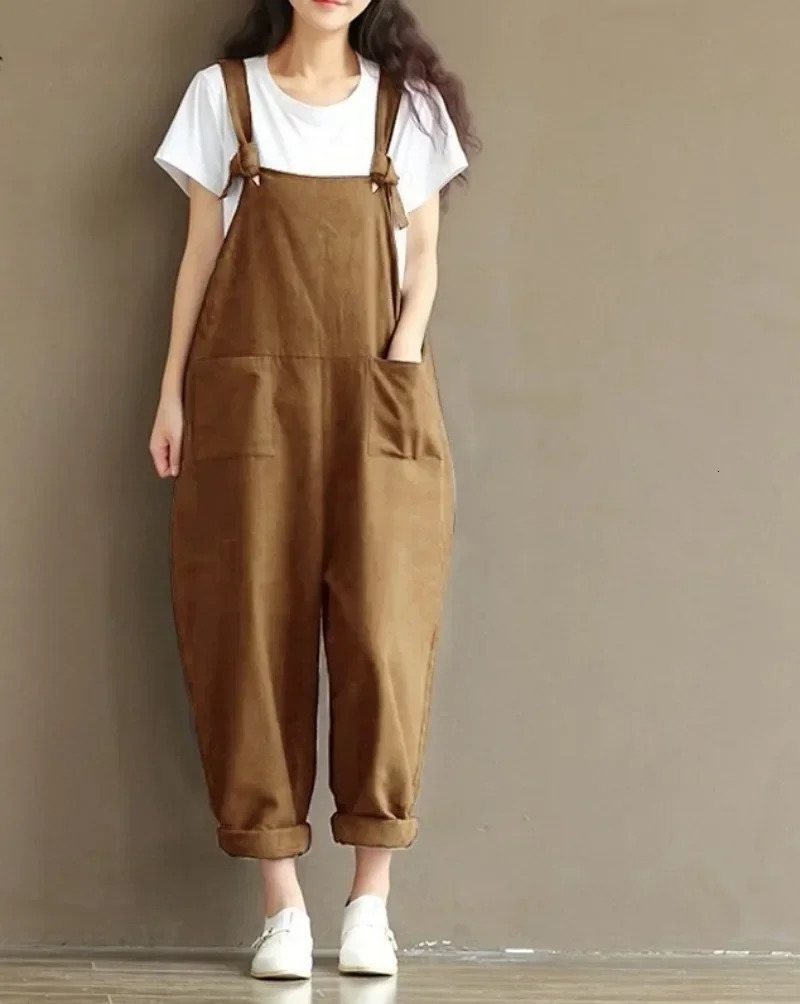 Womens Solid Color Simple Suspender Jumpsuit Sanded Cotton Pocket Loose Casual Pants Daily Wear S3XL 241120