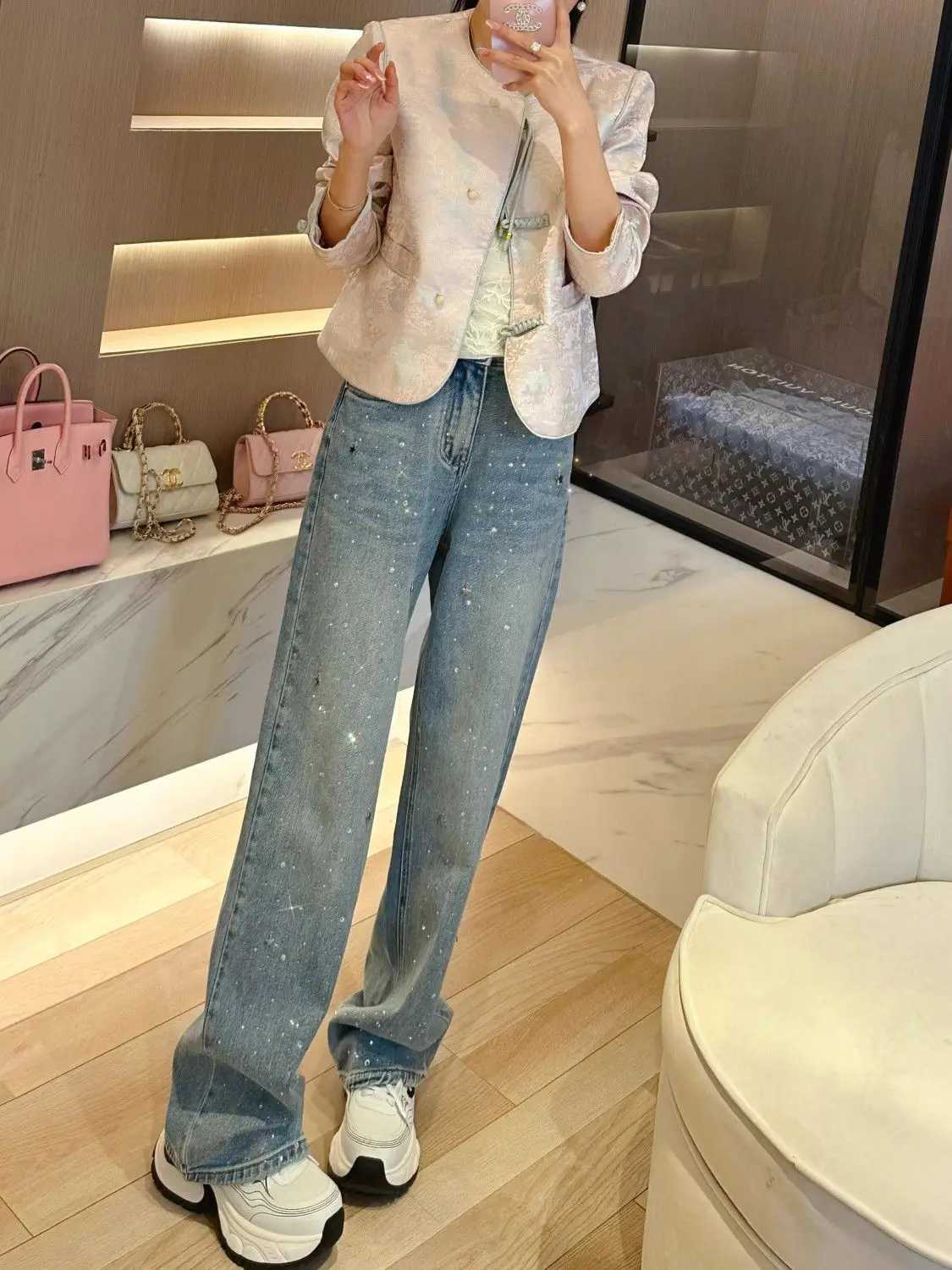 Women's Jeans 2024 Spring New Narrow Straight Jeans for Womens Weight Loss Fashion Matching Rheinstone Womens Jeans H241130