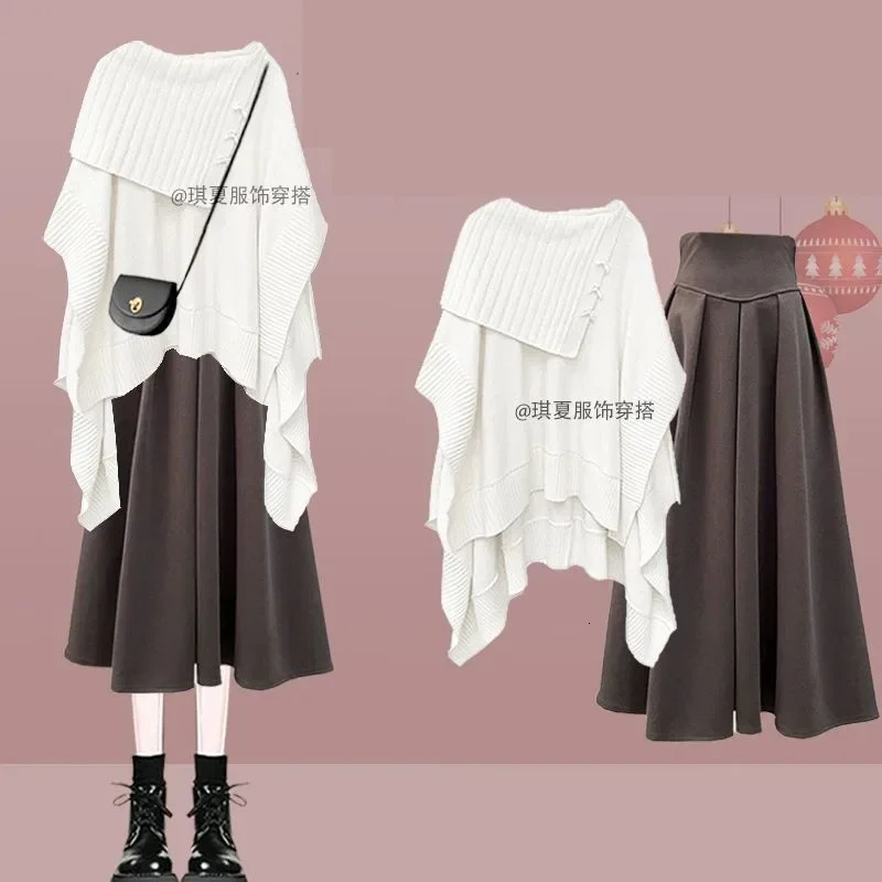 Women 2024 AutumnWinter Chic Dress Matching Set Korean Elegant Irregular Knit SweaterHigh Waist Midi Skirt Two Piece Suit 241129