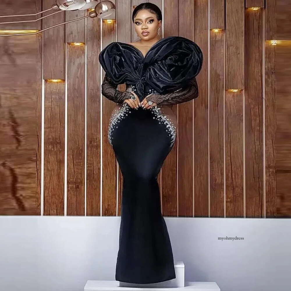 Arabic Aso Ebi Black Mermaid Prom Dresses 2022 Beaded Crystals Sheer Neck Long Sleeves Plus Size Evening Ocn Gowns Robe De Soiree 0431