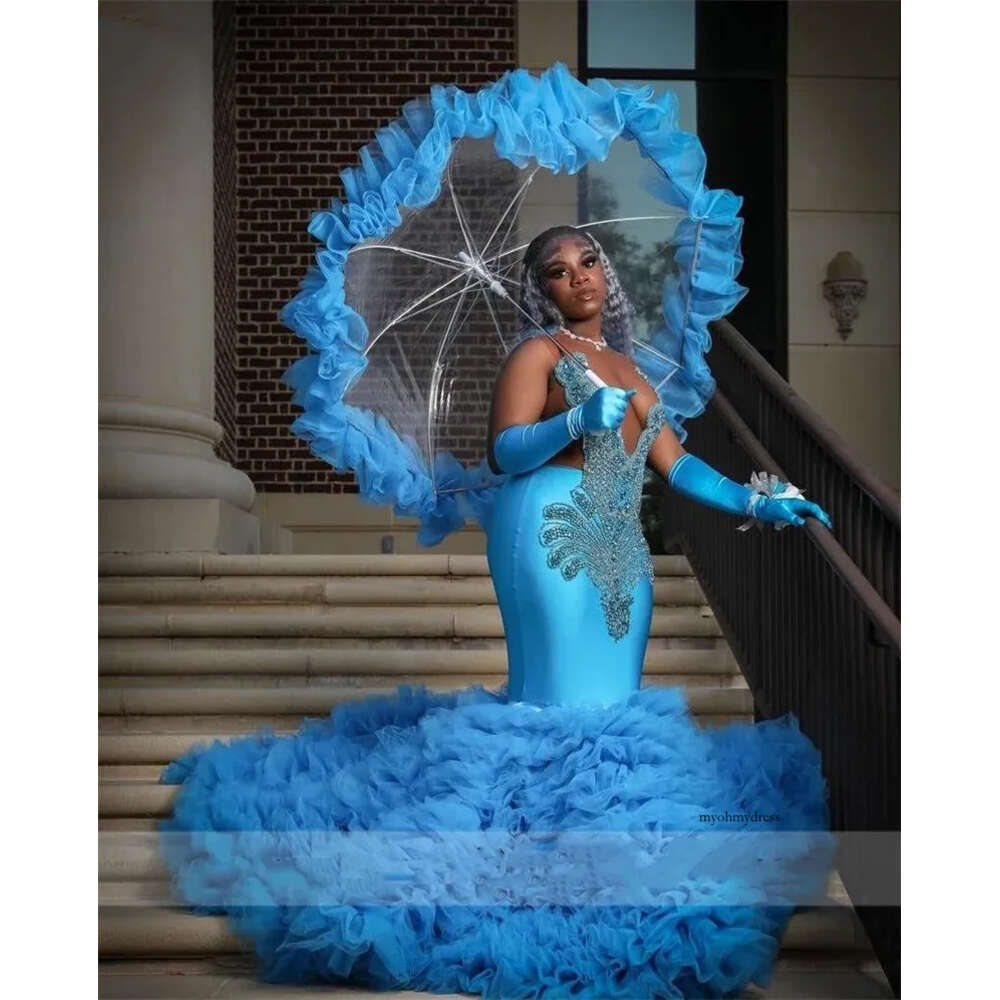 Elegant Blue Diamonds Prom Dresses For Black Girl Long Beaded Crystals Beading Tiered Ruffles Birthday Party Reception Gowns 0431
