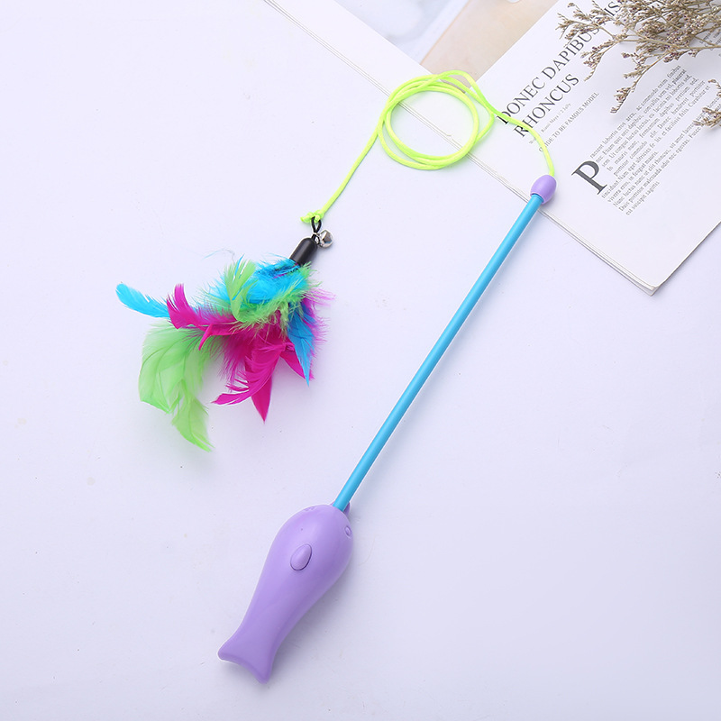 Flexible plastic long pole dolphin handle feather head teaser laser interactive cat toys wholesale