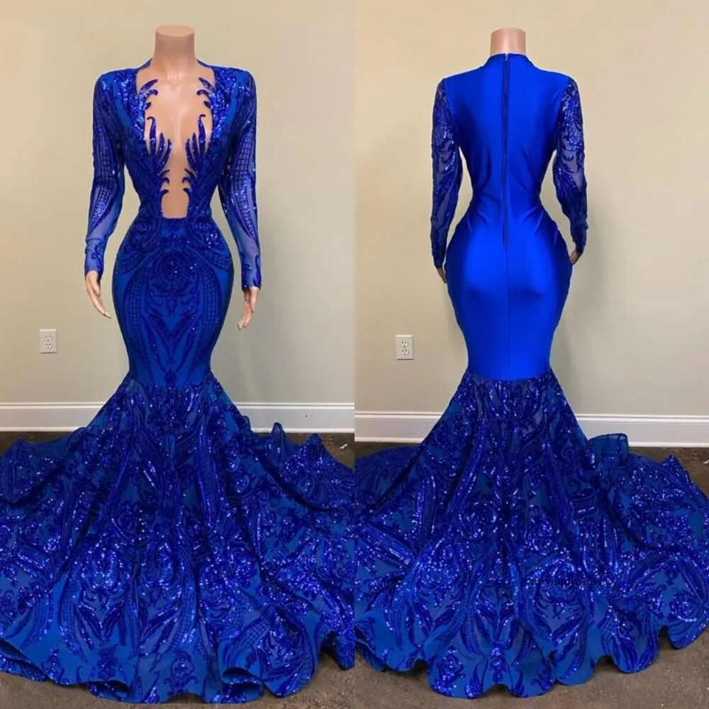 2022 Royal Blue Mermaid Prom Dresses Sparkly Lace Sequins Long Sleeves Black Girls African Celebrity Evening Gown 0431