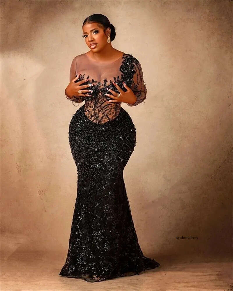 Aso Ebi African Black O Mermaid Prom 2024 Sheer Neck Plus Size Birtdhay Party Gowns Beaded Formal Dresses Robe De Soiree 0431
