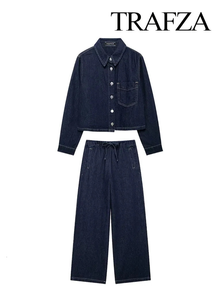 TRAFZA Autumn Fashion Women Suits Solid TurnDown Collar Pocket Single Breasted Denim ShirtsHigh Waist LaceUp Jeans Female Set 241129