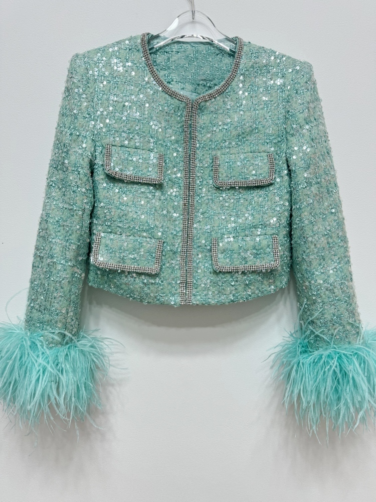 Autumn Winter Coarse Tweed Green Feather Sleeves Sequin Two Piece Set Women Jackets Coats Fishtail Short Skirts 2Pcs Outfits
