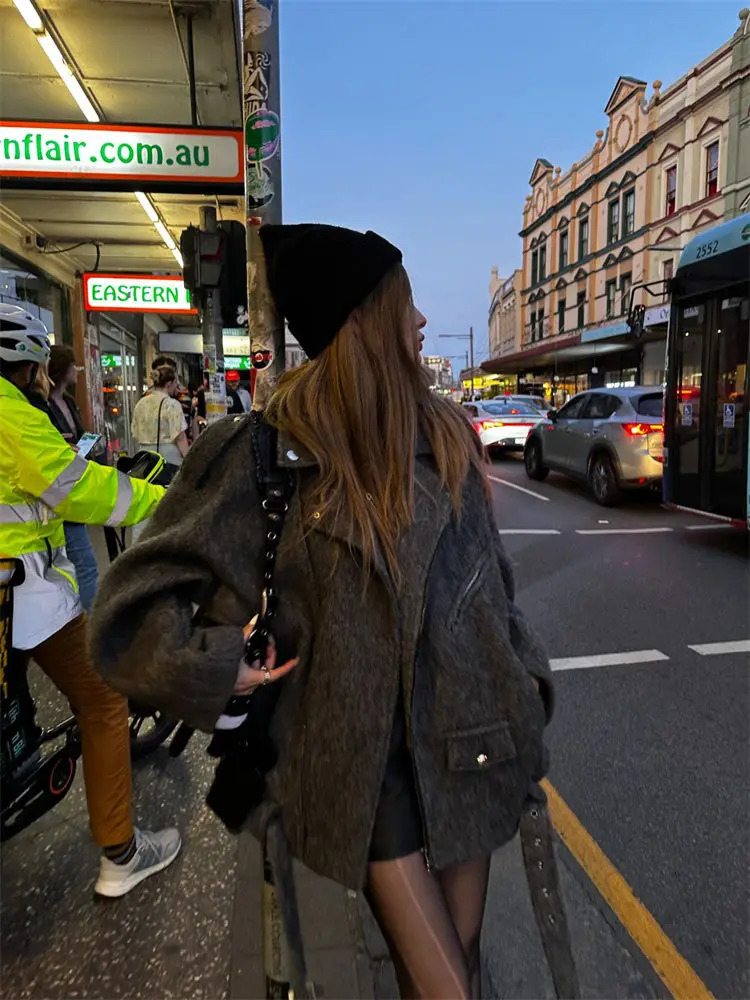 Korean Fashion Spicy Girl Style Highend Woolen Coat Women Clothing Winter Clothes Temperament Mid Length Gray Suit 241129