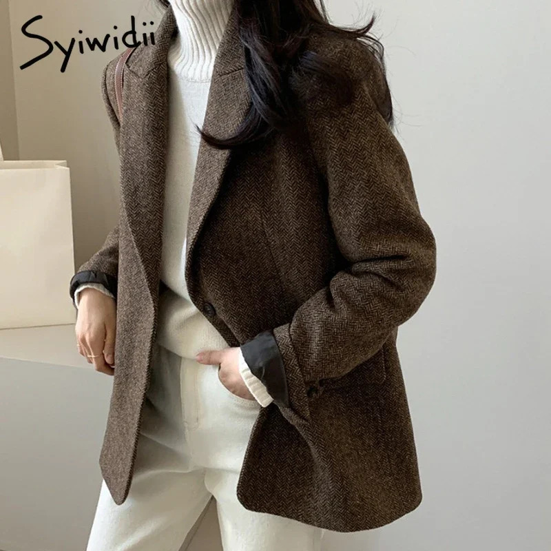 Syiwidii Womens Elegant Woolen Blazer Coat Causal Lapel Pockets Single Breasted Coats Autumn Winter Fashion Commut Lady Outwear 241121