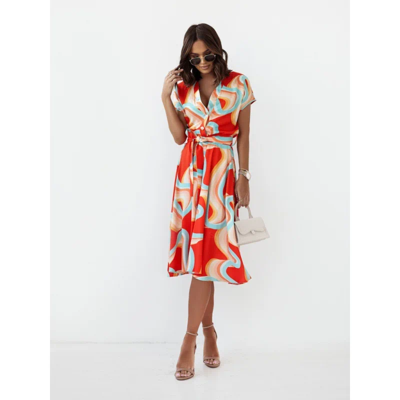 Casual Dresses Summera Fshion Printing Dress Short Sleeve V-neck Female