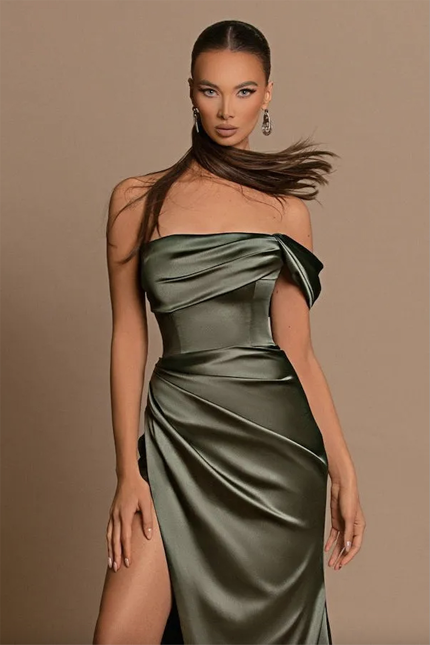 Elegant Olive Off Shoulder Bridesmaid Dresses Sheath Mermaid Backless Pleats SPlit Maid of Honor Gowns Women Formal Evening Prom Dress