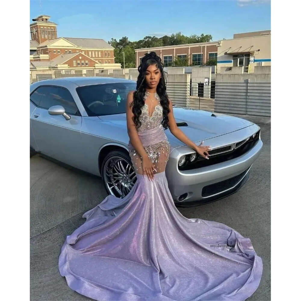 Sparkly Lilac Long Prom Dress 2024 Beads Crystals Rhinestones Court Train Glitter Birthday Party Gown S Robe 0431