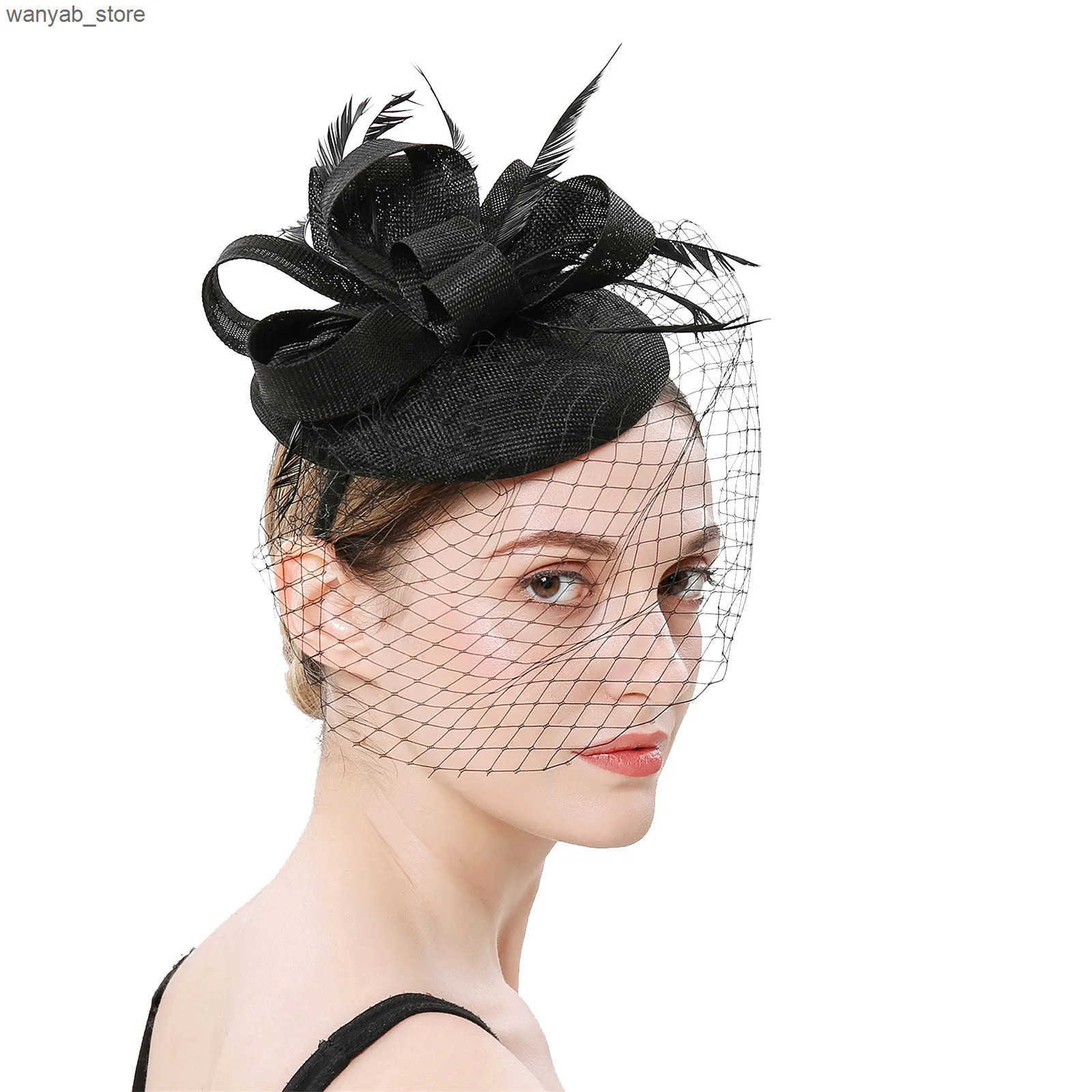 Wide Brim Hats Bucket Hats Fascinator Pillox Hat Bridal Wedding Veil Fascinator Mesh Lace Headband Tea Party Feather Fascinator Hats for Women L240910