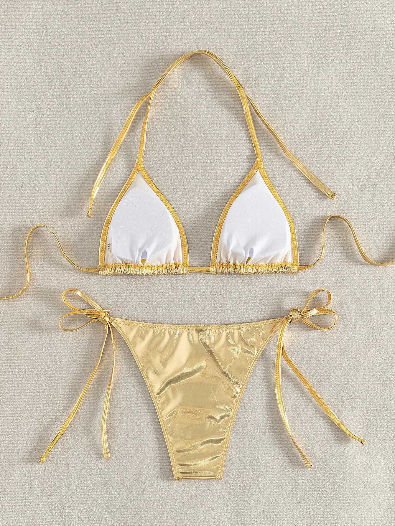 Women's Swimwear Sexy triangle push up bikini metal Brazilian swimsuit womens gold side striped bikini swimsuit H241130