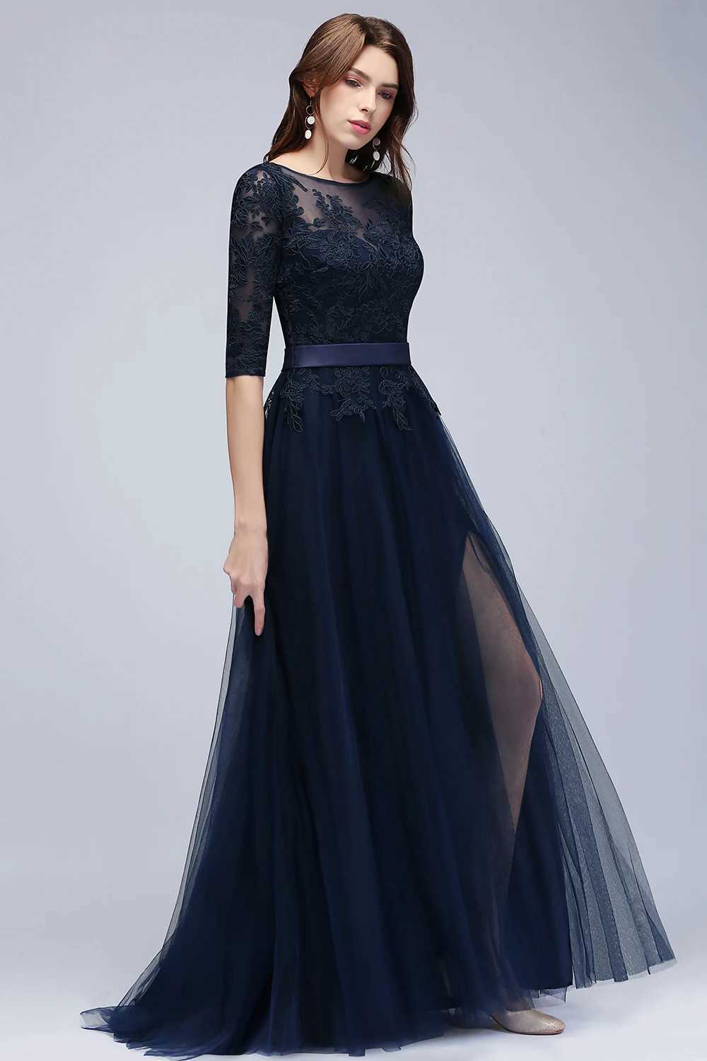 Runway Dresses Navy Blue Lace Long Evening Dresses Elegant Half Slve Appliques Tulle Formal Party Prom Gown Backless With Belt Robe De Soir Y240426