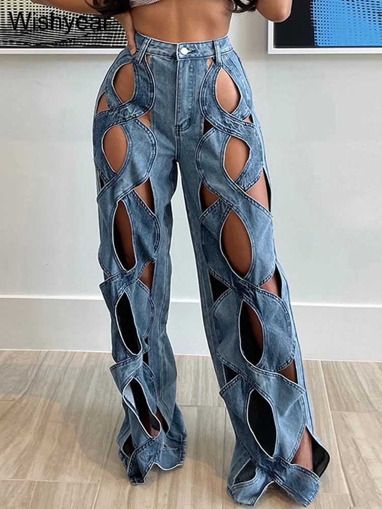 Women's Jeans Fashionable mens elastic cross hollow loose denim womens cargo pants sexy high waisted straight pocket jeans for girls Trouthers H2