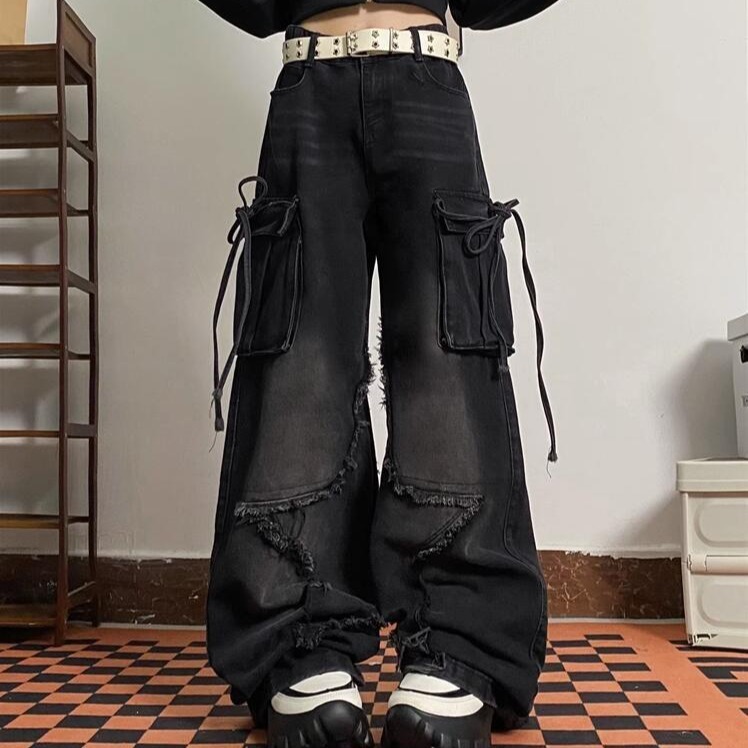 Women's Black Gothic Baggy Cargo Jeans With Star Haruku Y2k 90S Aesthetic Denim Trousers Emo 2000S Jean Pants Vintage Clothes