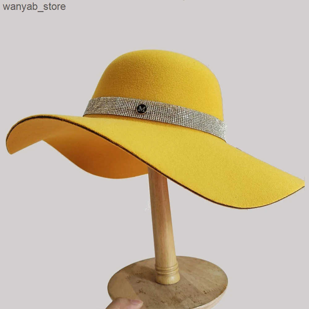 Wide Brim Hats Bucket Hats Elegant Ladies Rhinestone Fedora Hat Dome Hepburn Style Party Wedding Cap Felt Hat Womens Church Hat Large Brim Bucket Hat 
