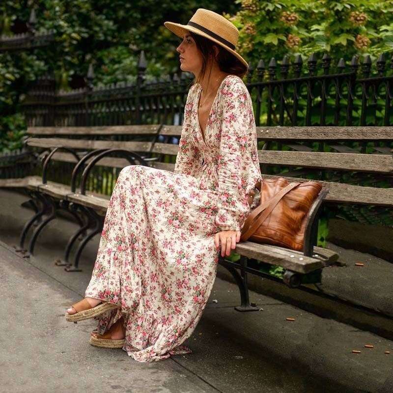 Printed Dress with Lantern Sleeves, Bohemian Long Dress, Women's Wear 2024 New Style, Unique and Elegant Clothing