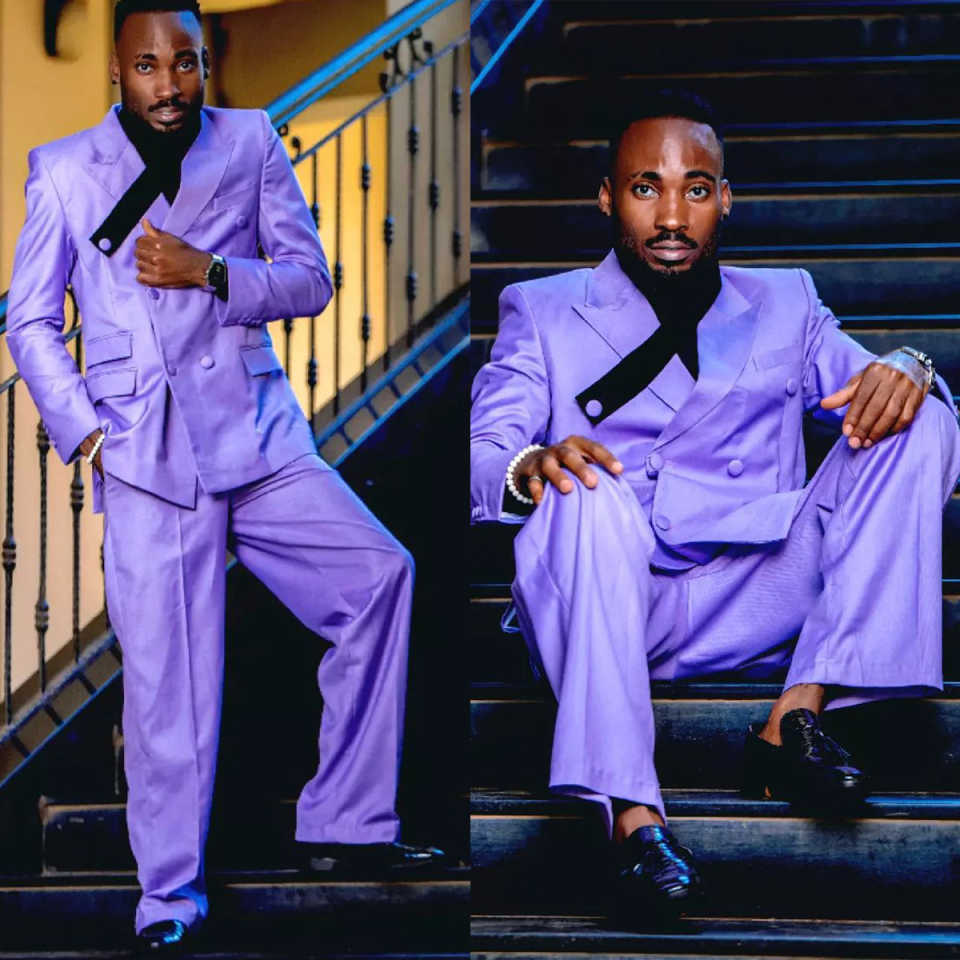 Customized Royal Purple Mens Wedding Tuxedos Slim Fit Double Breasted Peaked Lapel Double Breasted Jacket 2 Pieces Pants Sets