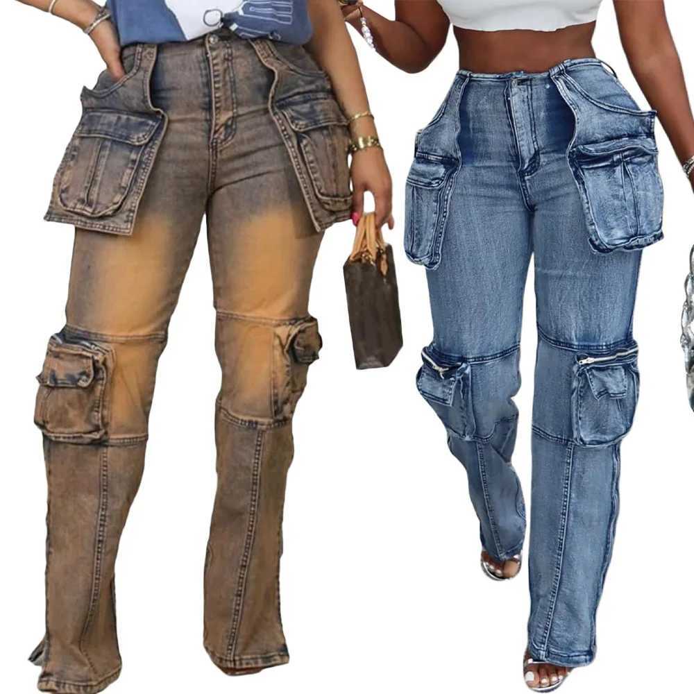 Women's Jeans Retro washed womens jeans ankle length spliced cargo pants denim pockets high waisted T-shirt loose fit 2024 H241130