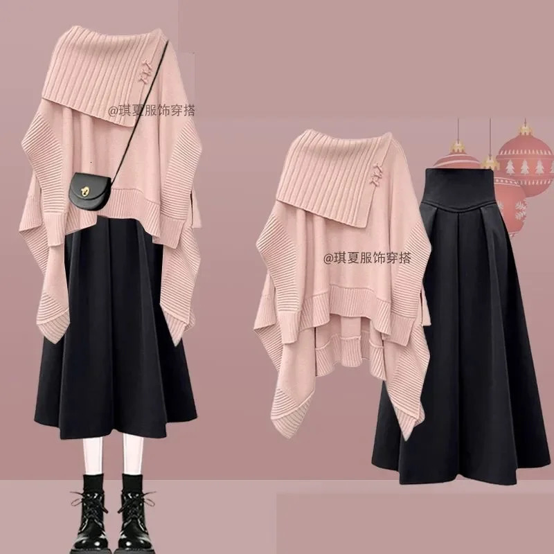 Women 2024 AutumnWinter Chic Dress Matching Set Korean Elegant Irregular Knit SweaterHigh Waist Midi Skirt Two Piece Suit 241129