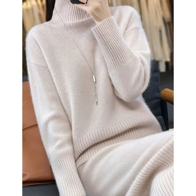 Womens High Collar Sweater Set 2024 AutumnWinter Style Solid Color Simple Leisure Head Base Knitted Dress 241129