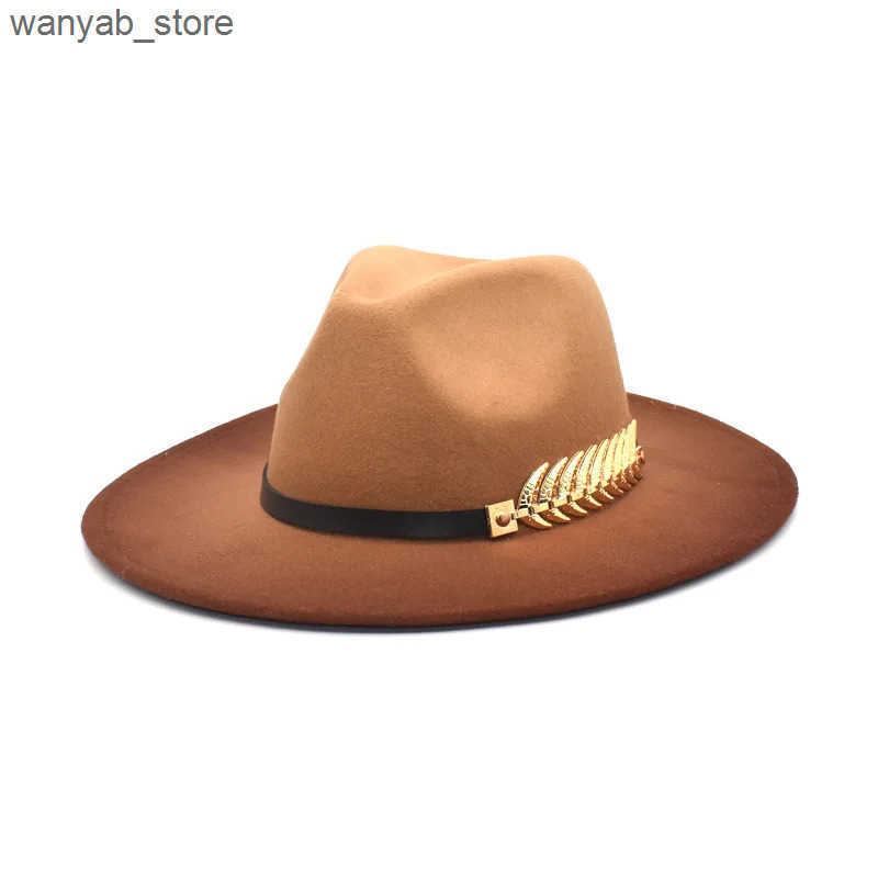 Wide Brim Hats Bucket Hats NEW gradient Wide Brim Wool Felt Jazz Fedora Hats Leaf BuckleBritish style Trilby Party Formal Panama Cap Dress Hat Winter 