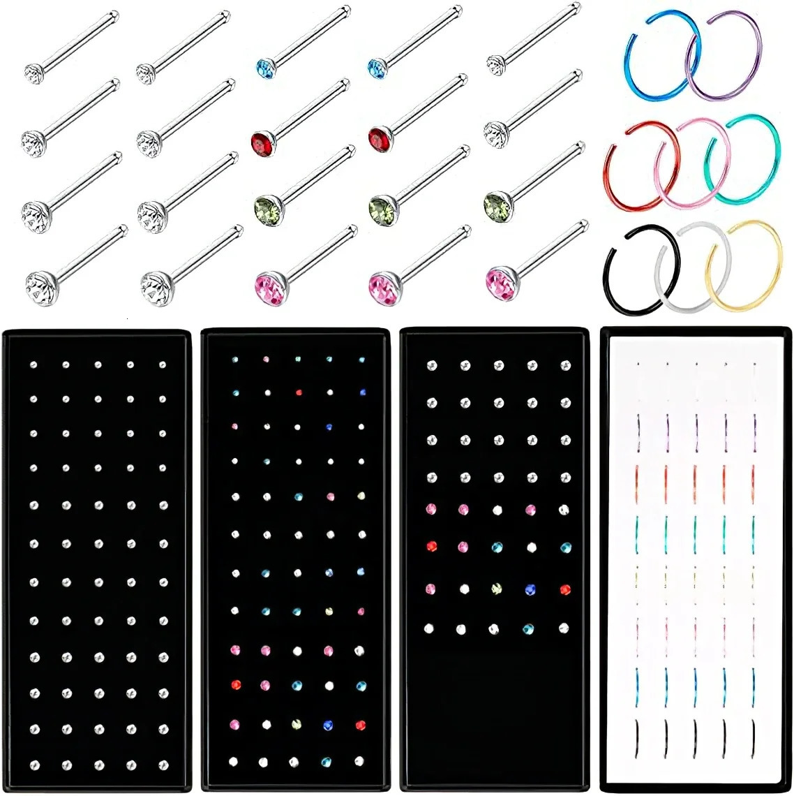 Fashion Crystal Stainless Steel Nose Stud Piercing for Women Hypoallergenic 18mm Ring StraightLScrew Shaped Body Jewerly 241125