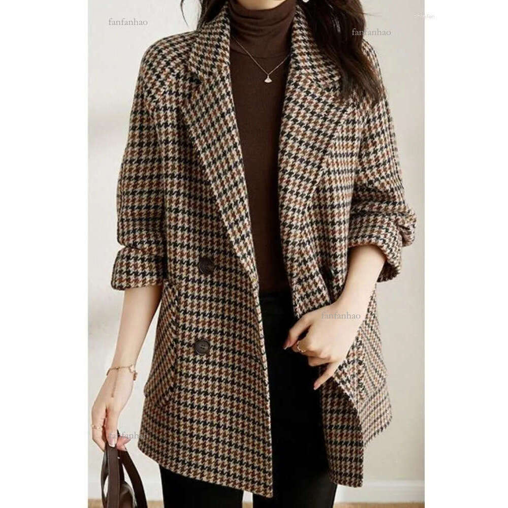 Women's Suits Vintage Houndstooth Women Woolen Blazer Double Breasted Plaid Female Suit Jacket Fashion Korean Outerwear Loose Blaser Coat