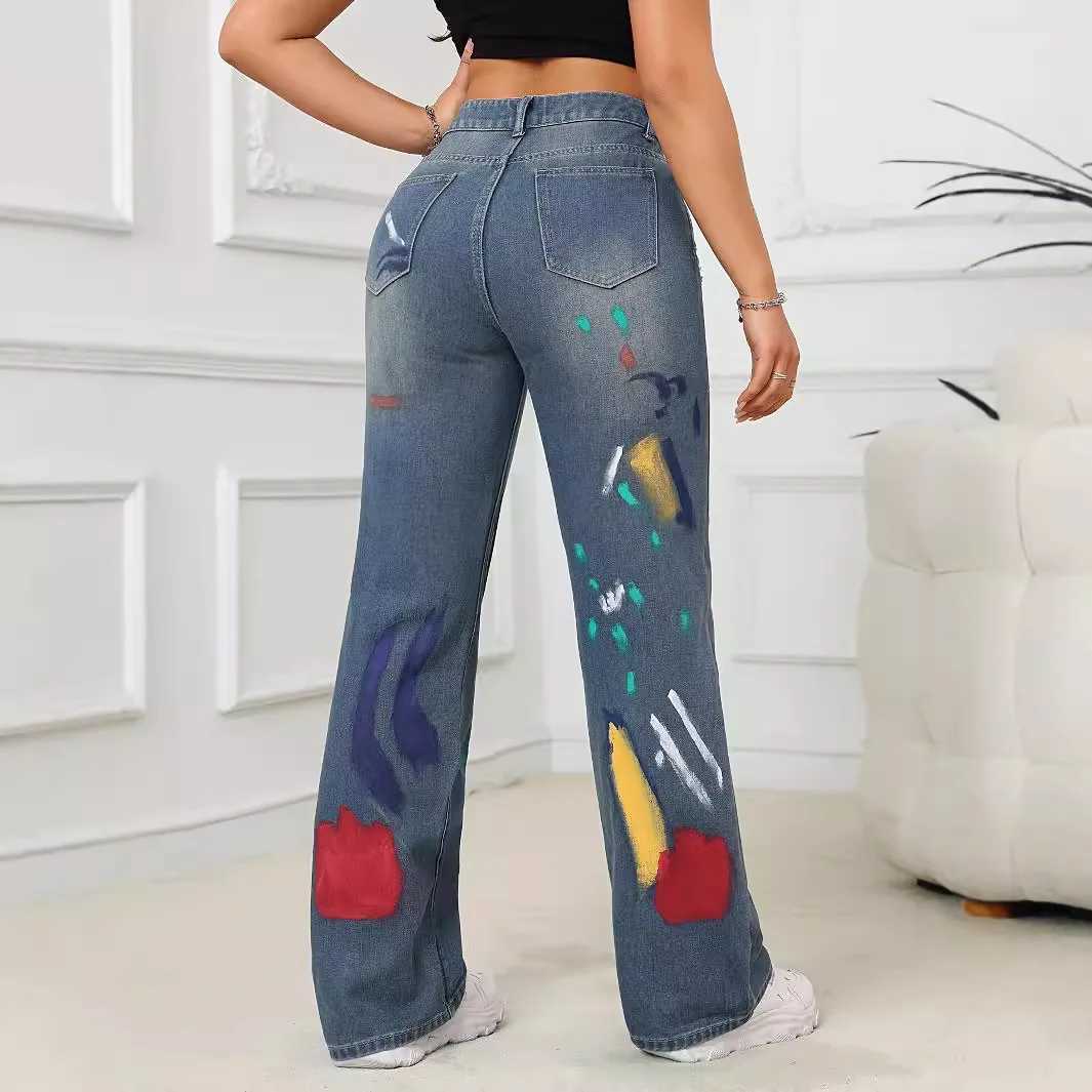 Women's Jeans American retro loose casual high waisted long jeans womens spring and summer new graffiti torn straight leg jeans H241130