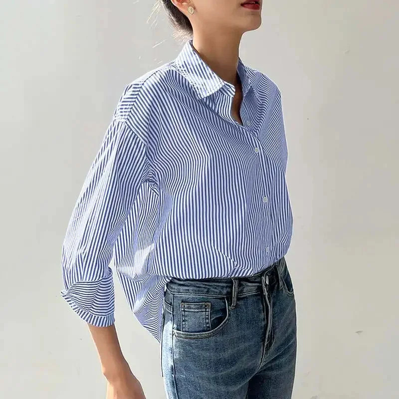 Women Spring Summer Blouses Shirts Lady Fashion Casual Long Sleeve Turndown Blue Stripes Blusas Tops 241121