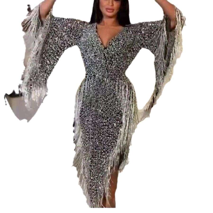 Summer New European and American Women's Dress with sequ, irregular long sleeves, tassels, deep V sexy dress, 2024 temperament versatile new tren