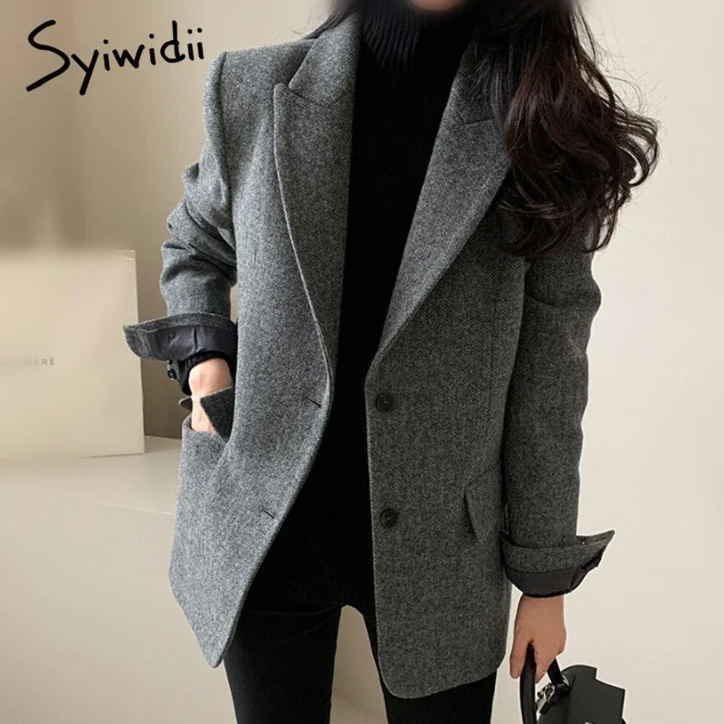 Syiwidii Womens Elegant Woolen Blazer Coat Causal Lapel Pockets Single Breasted Coats Autumn Winter Fashion Commut Lady Outwear 241121
