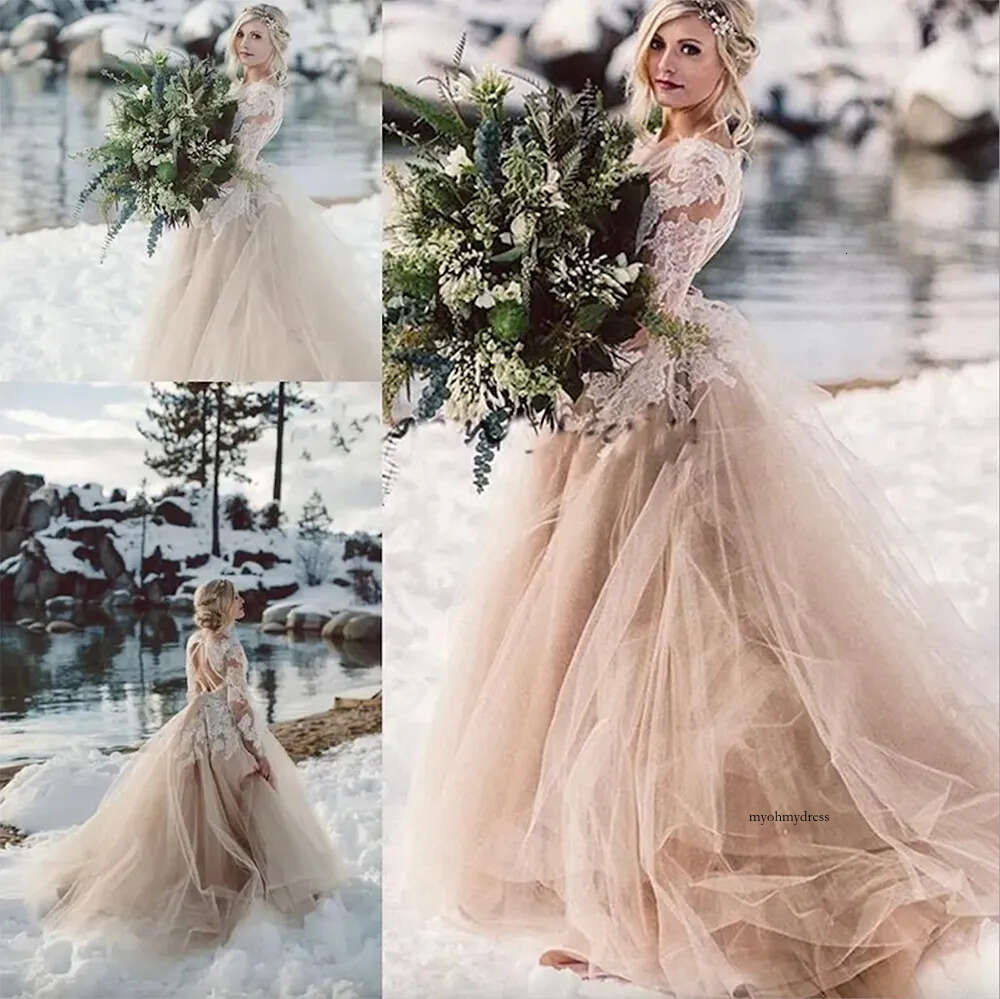 Champagne Lace Beach Wedding Dresses With Long Sleeves Tulle Backless Fairy Tale Bride Gowns Vestido De Noiva 0431