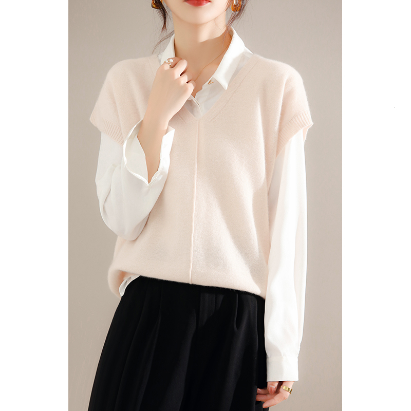 Cashmere Ladies New 100%Pure Wool Knit Waistcoat Spring V-Neck Large Size Sweater Wild Sleeveless Vest Solid Loose Top