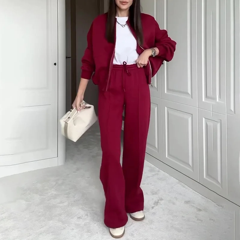 Autumn Winter Thick Sports Two Piece Vintage Set Long Sleeved Solid Womens Suits O Neck Zipper Coat Lace Up Pants Outfits 241129