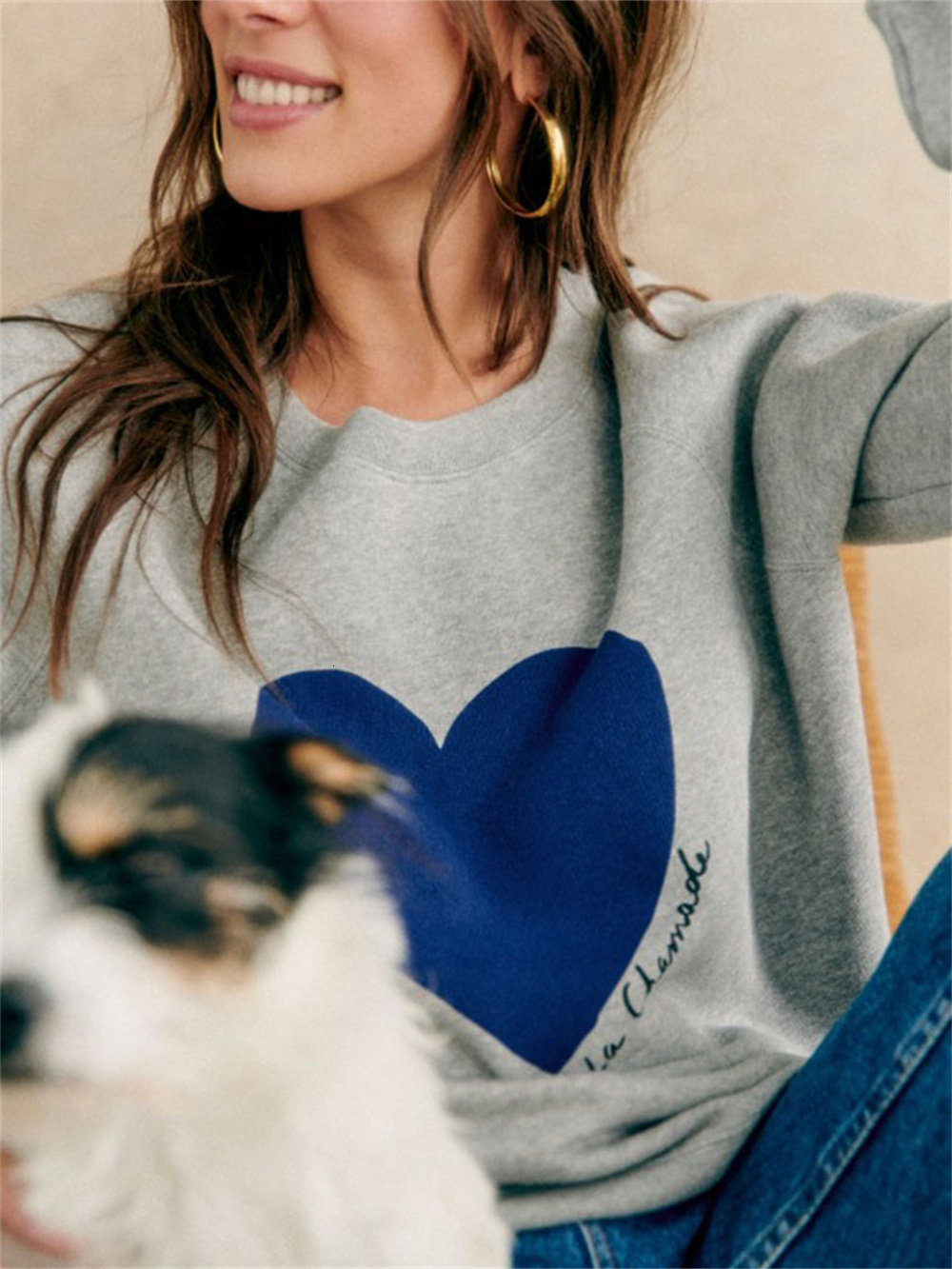 Women Heart-Shaped Print Sweatshirt Spring New O-Neck Ladies Long Sleeve Female 3 Colors Loose Pullover Tops