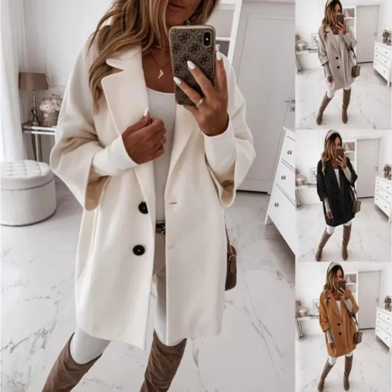 Autumn Winter Womens 34 Long Sleeve Button Lapel Pocket Woolen Warm Jacket Coat Solid Color Minimalist and Versatile 241121