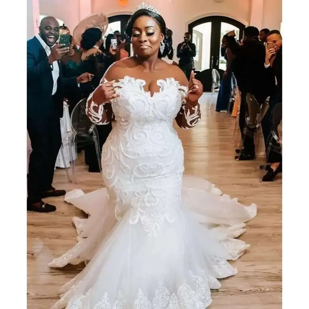 See Mermaid Dresses African Lace Thru Full Sleeves Bridal Gowns Plus Size Wedding Dress Vestido De Bc 6660306