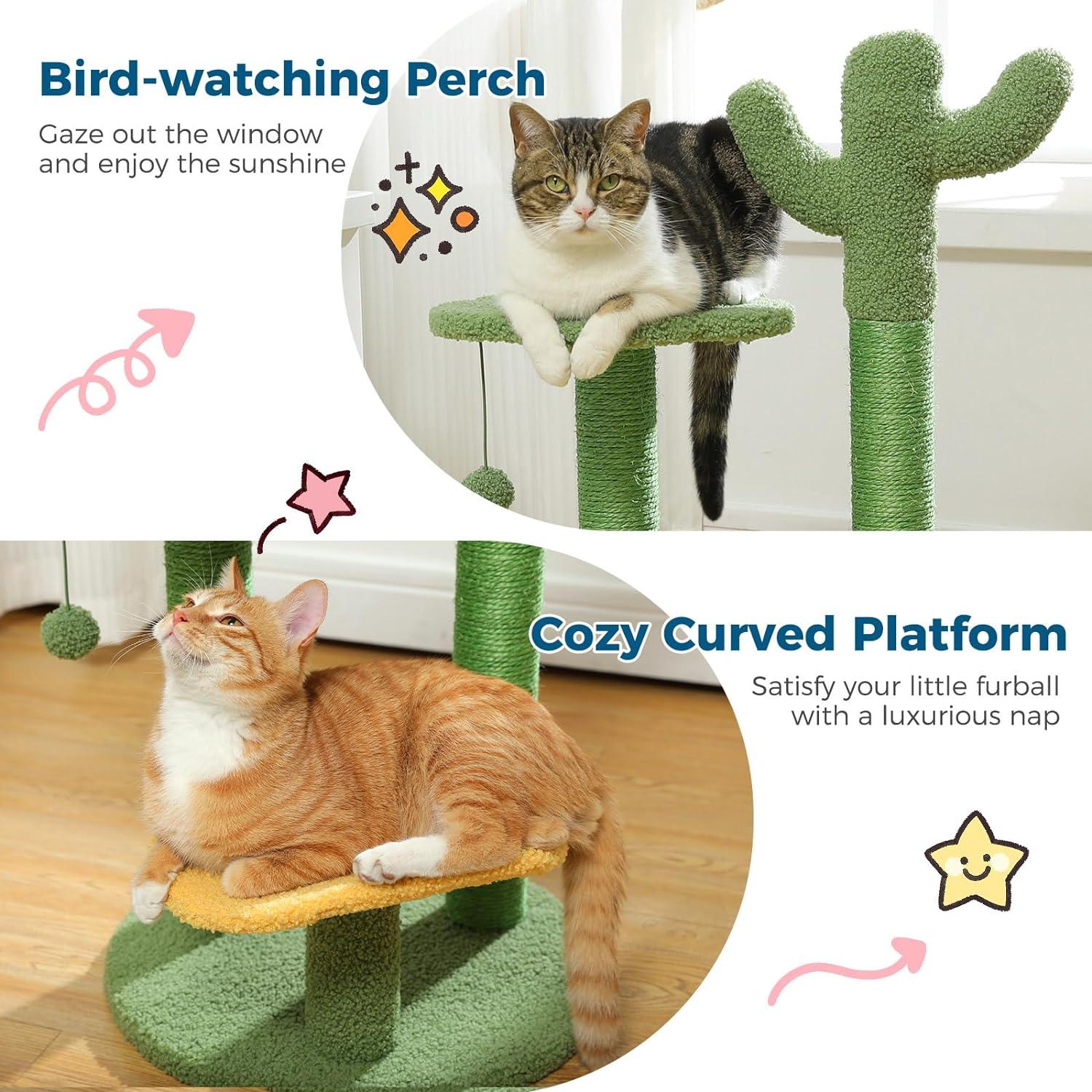Made4Pets Cat Tree Cactus Cat Scratching Post Cats Tree Tower for Indoor Cat Scratchers Kitty Tower with Flower Perch, Dangling Ball, 3-7days delivery