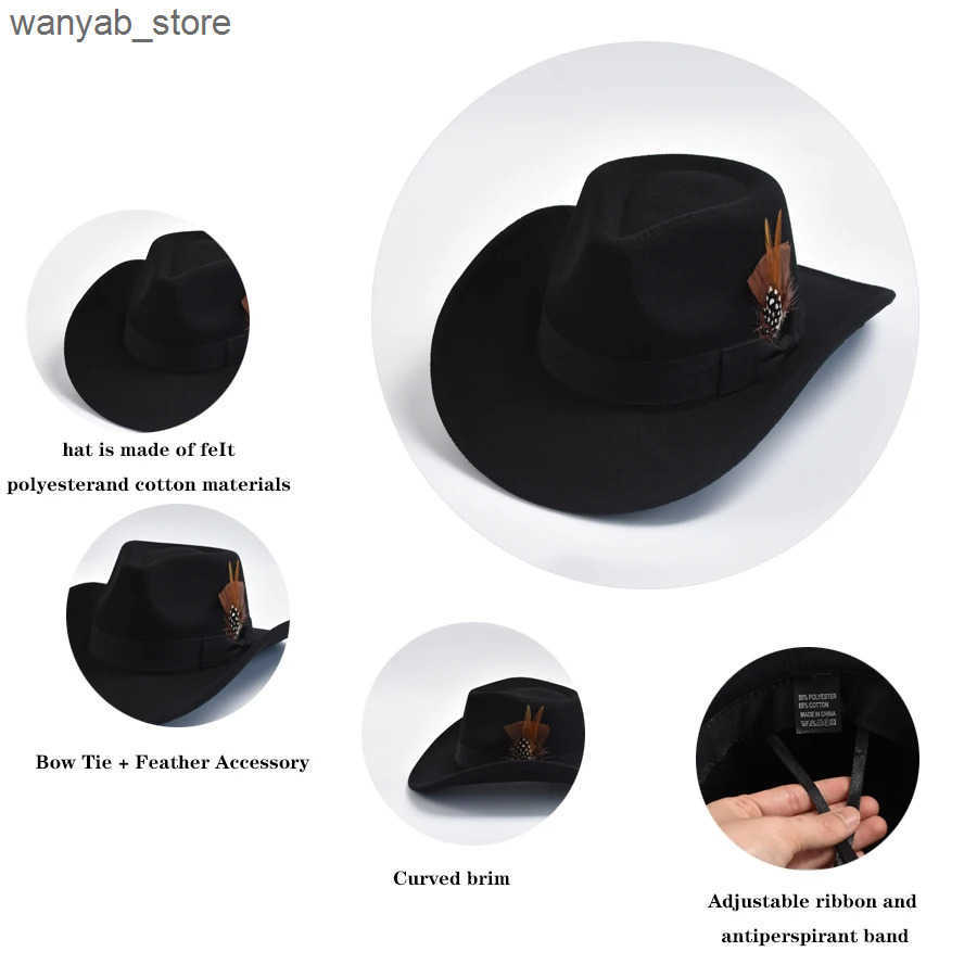 Wide Brim Hats Bucket Hats Fashion Men Woolen Blend Fedoras Hat with Feather Curved Brim Gentleman Cowboy Hats L240910