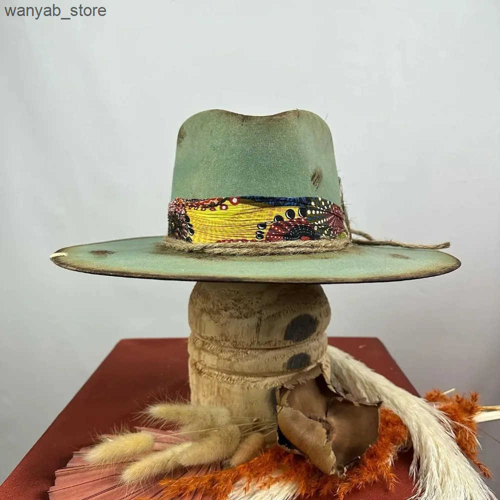 Wide Brim Hats Bucket Hats Ethnic style hats with worn out woven straps pure wool felt hats outdoor fashionable wool hats L240910