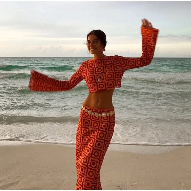 EINY Crochet Hook Knitted Hollow Out Skirt Suit Women Long Sleeve Oneck Crop Top High Waist Skirts 2 Pics Summer Lady Beachwear 241129