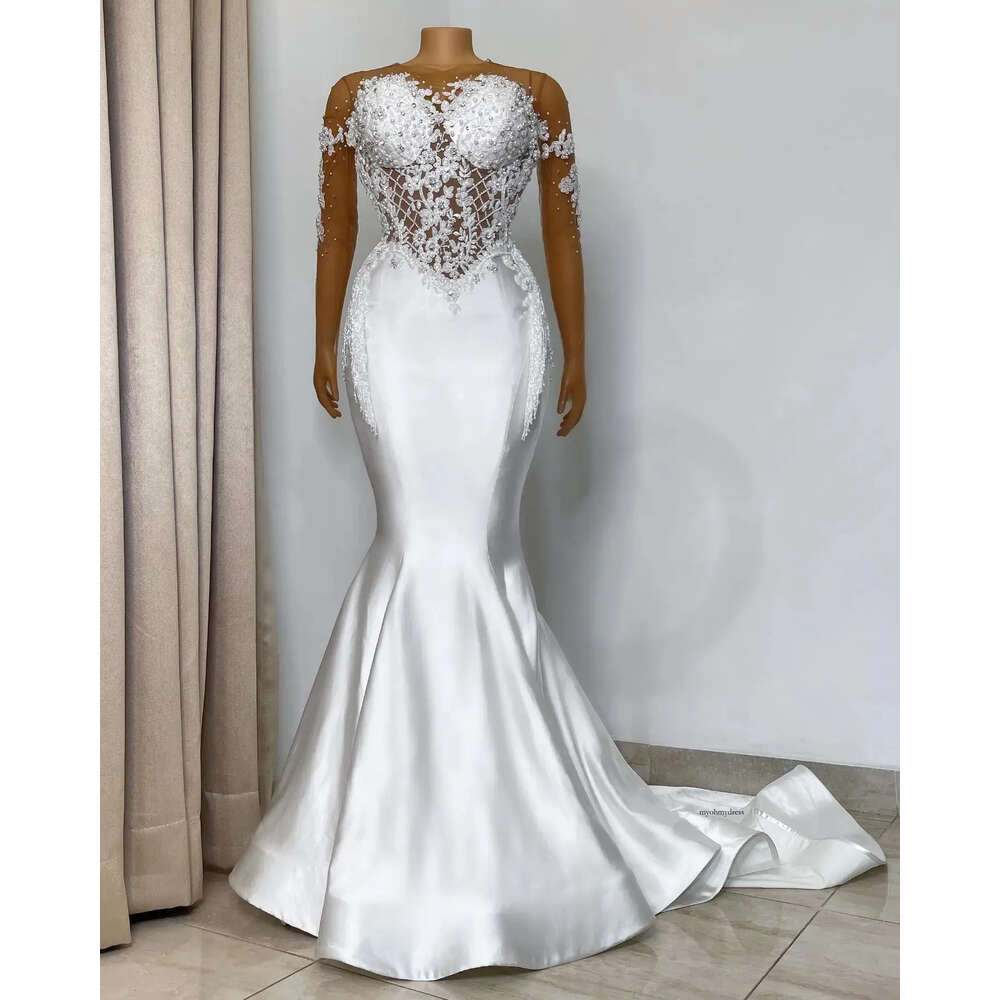 Elegant White Mermaid Lace Wedding Dresses Pearls With Tassels Long Sleeves Appliqued Bridal Party Gowns Vestido De Novia 0431