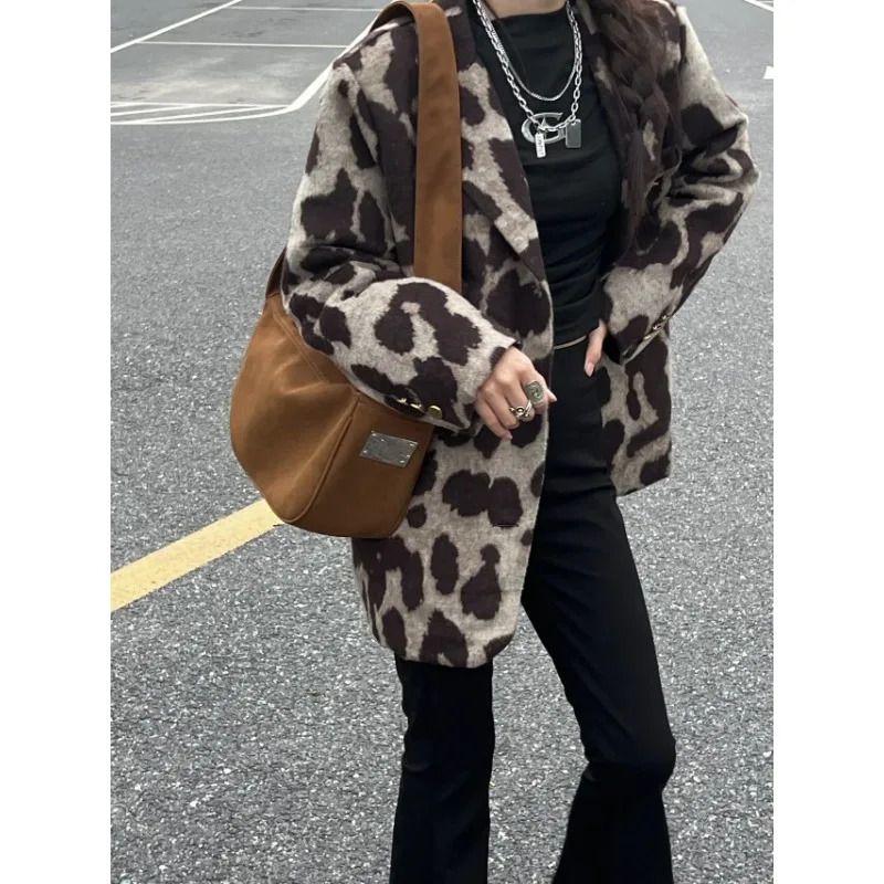 Leopard Print 2024 Winter Temperament Collage Long Sleeve Suit Collar Loose Womens Woolen Coat 241129